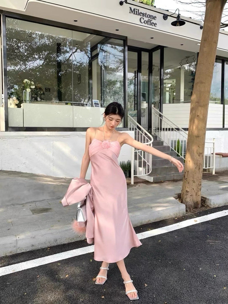 Rosette Satin Midi Dress
