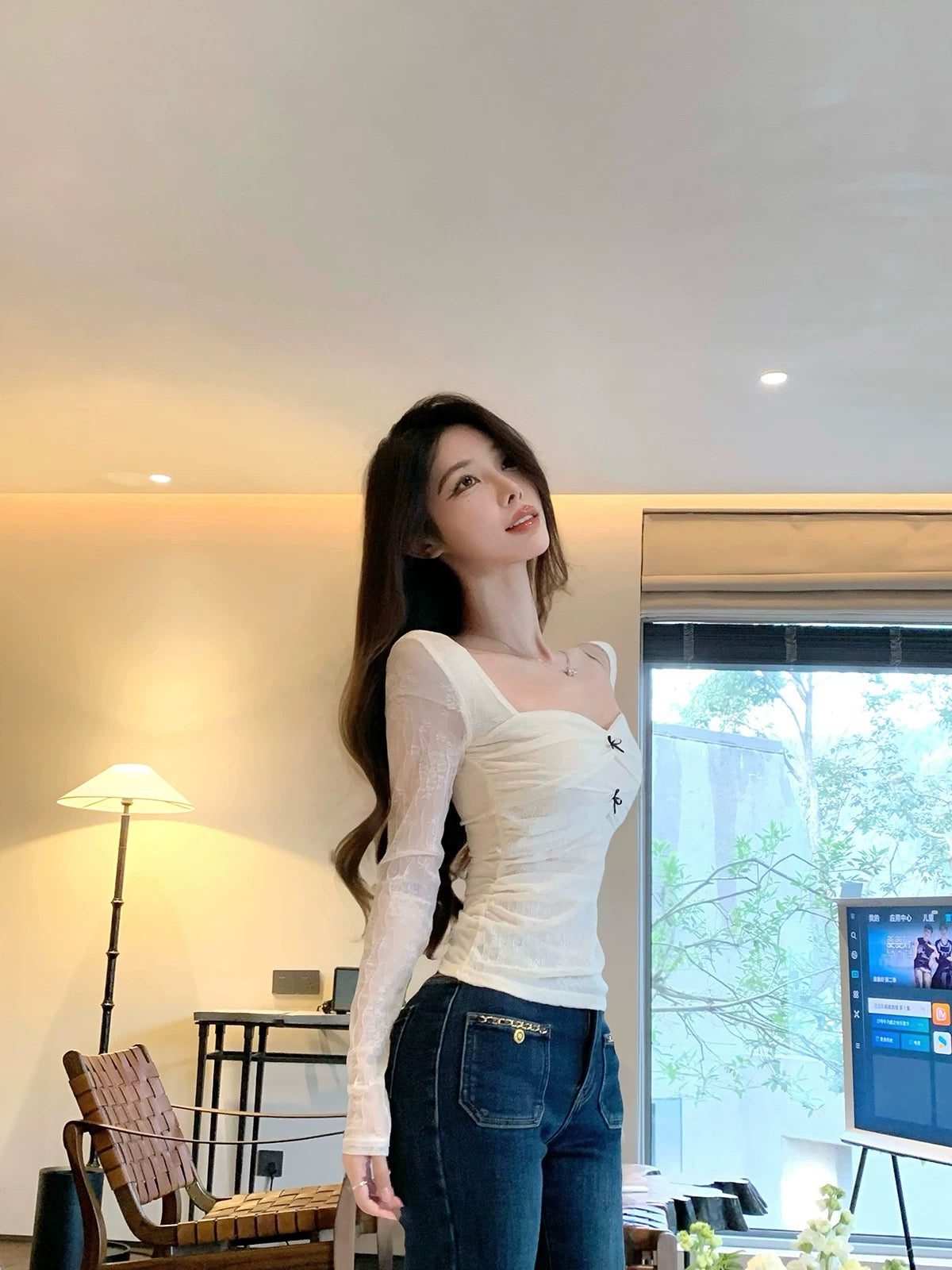 Lace Bow Ruched Long Sleeve Top