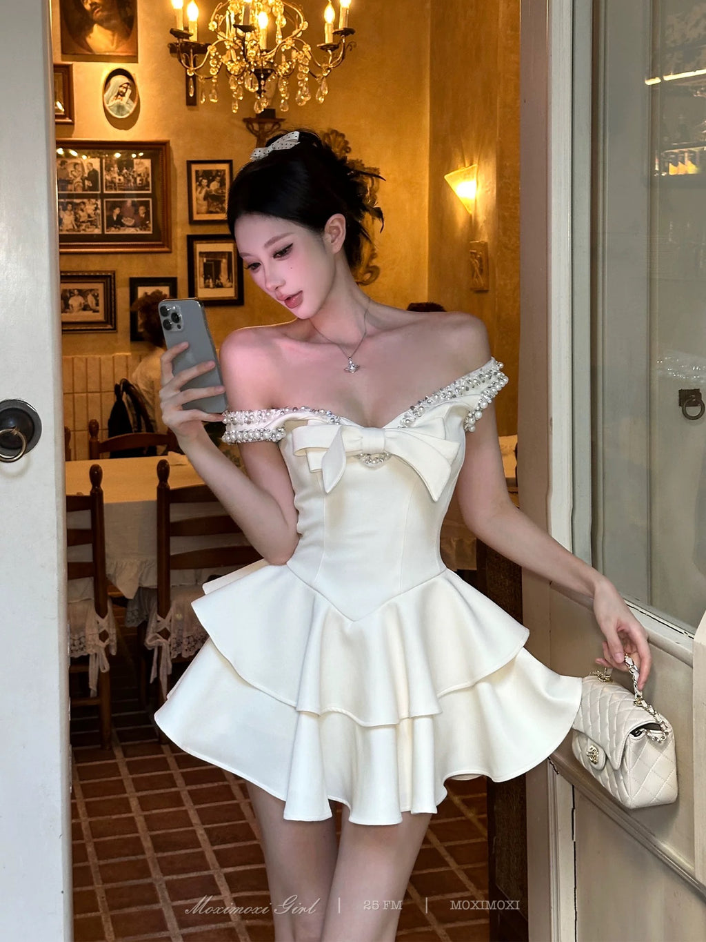 生日裙首选/Pearl Bow Mini Dress