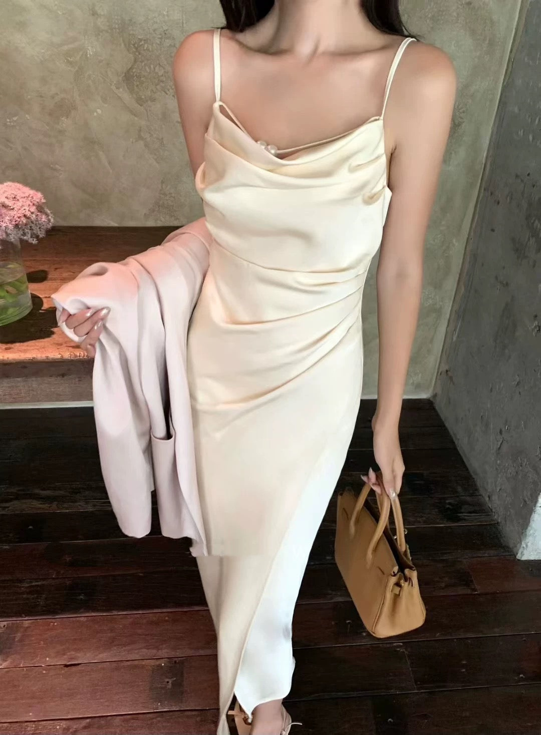 Pearl Detail Satin Slip Dress