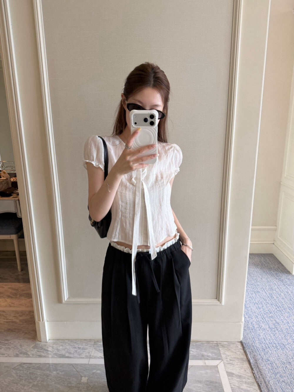 Ribbon Tie Puff Sleeve Lace Blouse