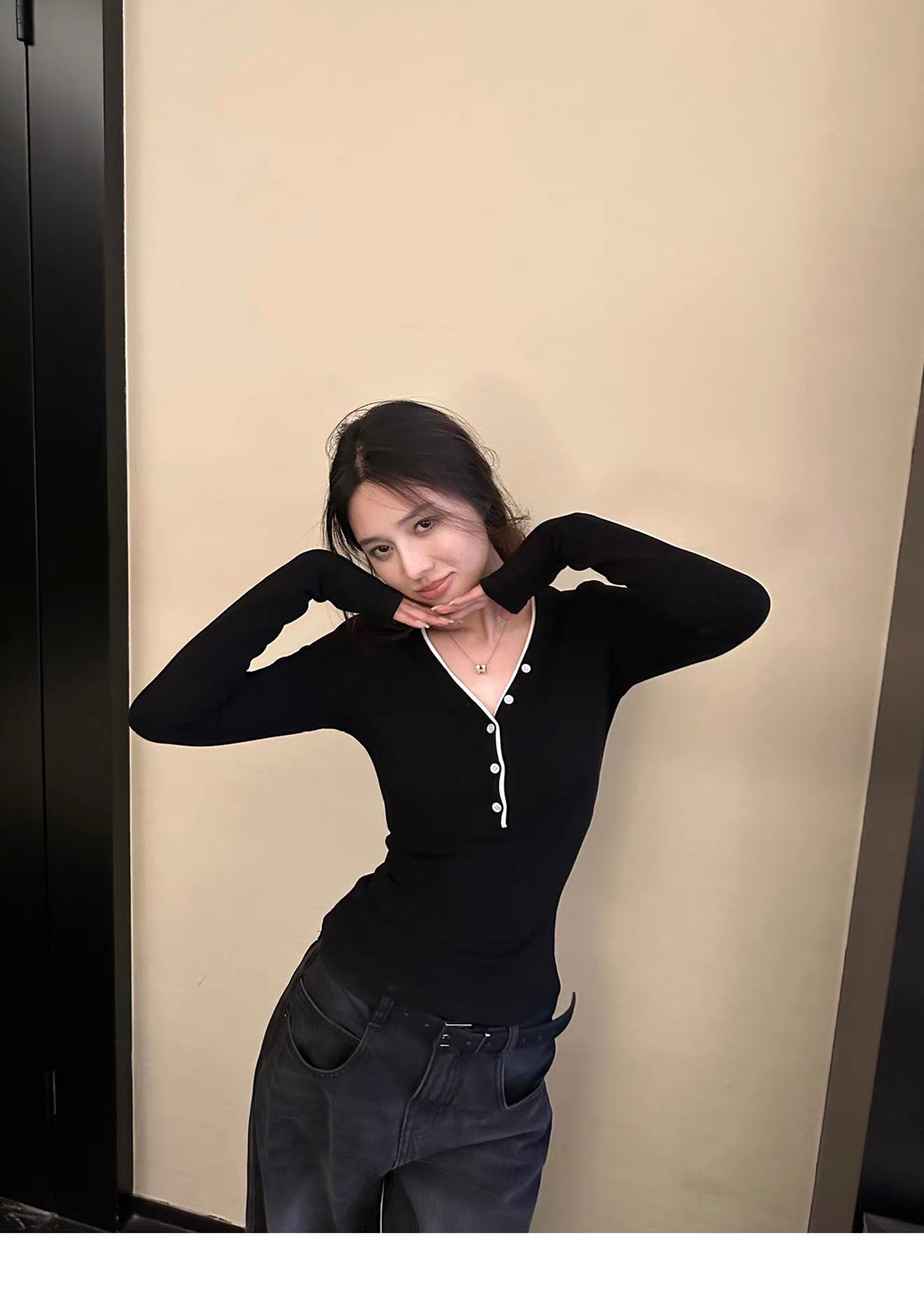 Contrast Trim Button Long Sleeve Top