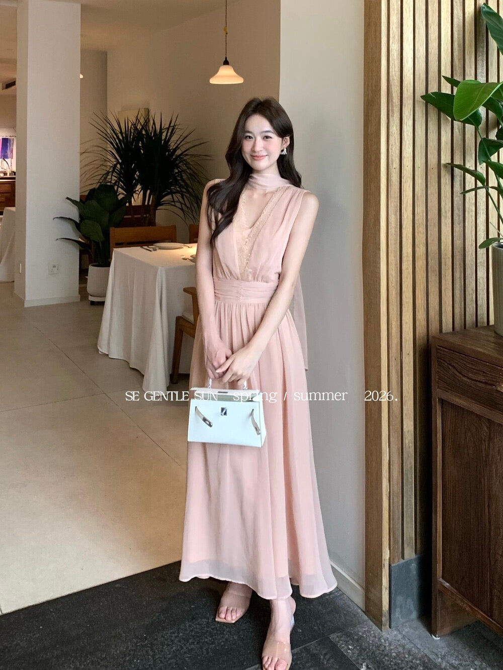 Rosé Lace Chiffon Maxi Dress