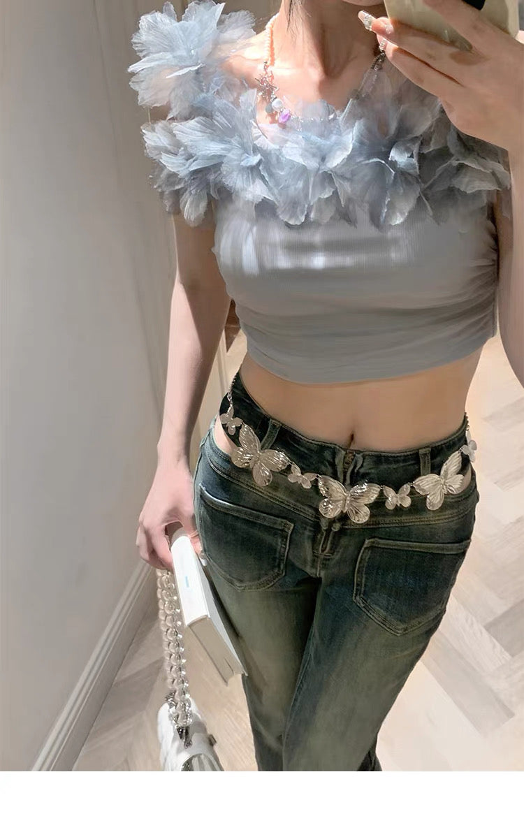 Celeste Floral Off-Shoulder Top – Mist Blue