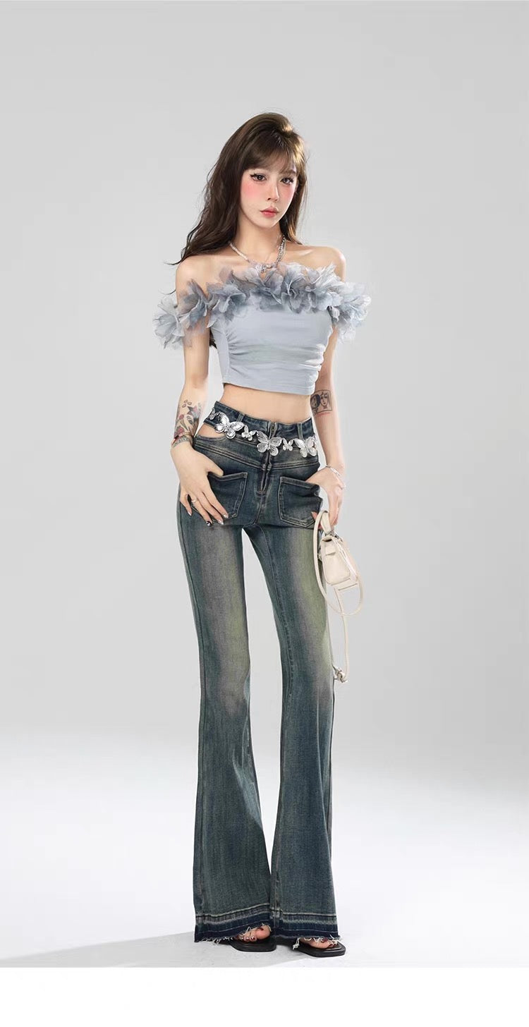 Celeste Floral Off-Shoulder Top – Mist Blue