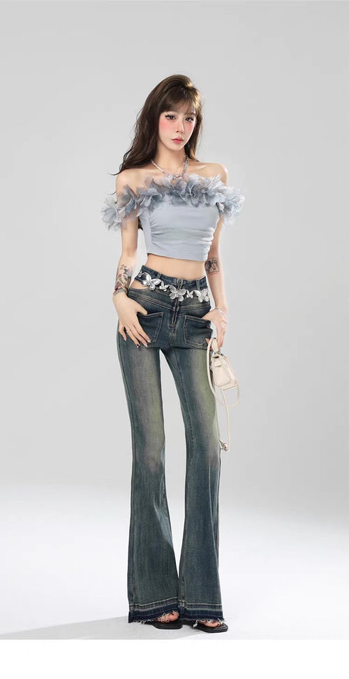 Celeste Floral Off-Shoulder Top – Mist Blue