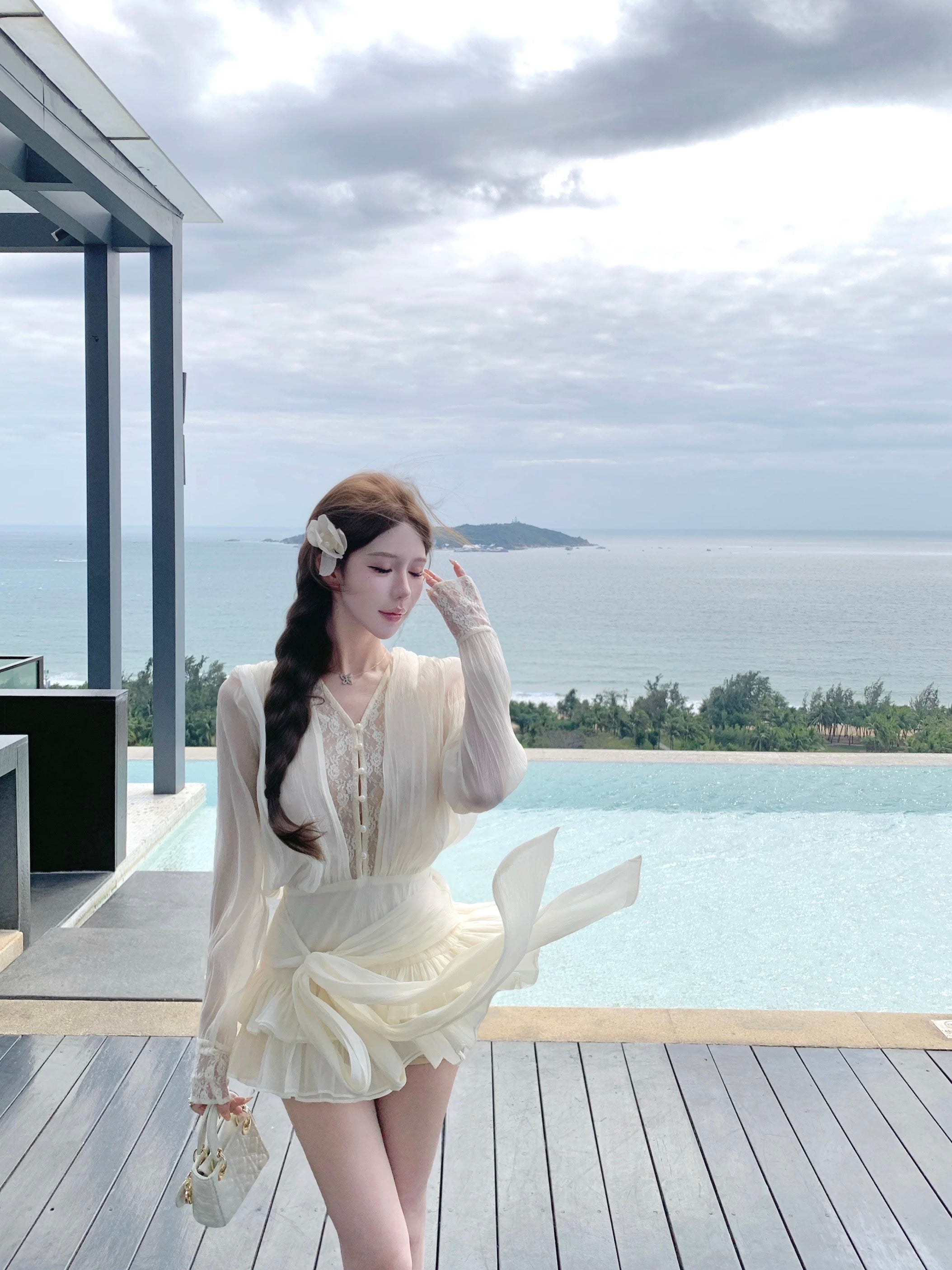 Pearl Lace Chiffon Mini Dress