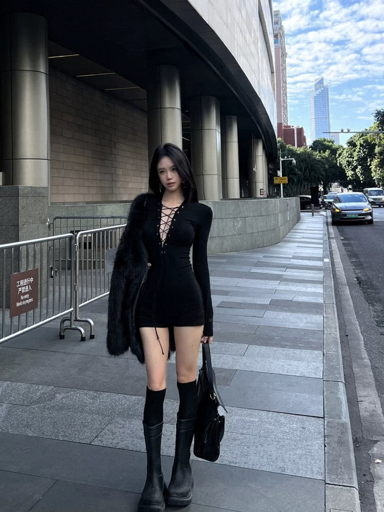Noir Lace-Up Knit Romper