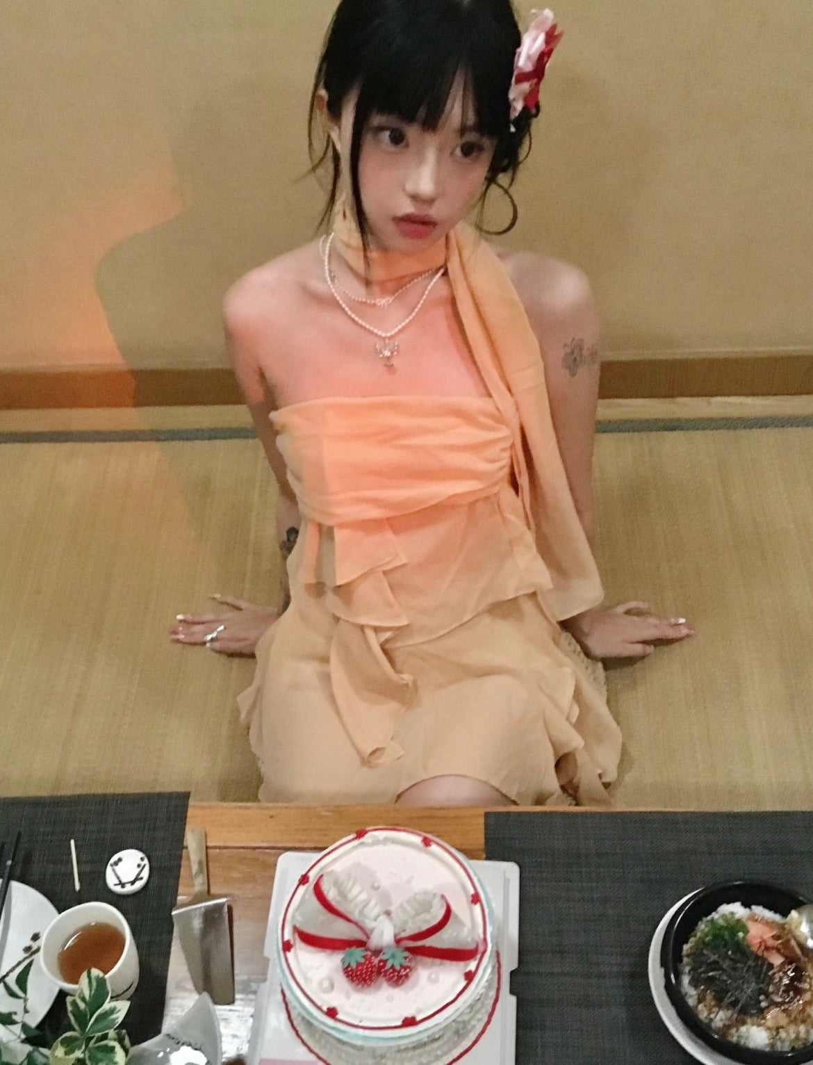 Peach Chiffon Ruffle Two-Piece Set