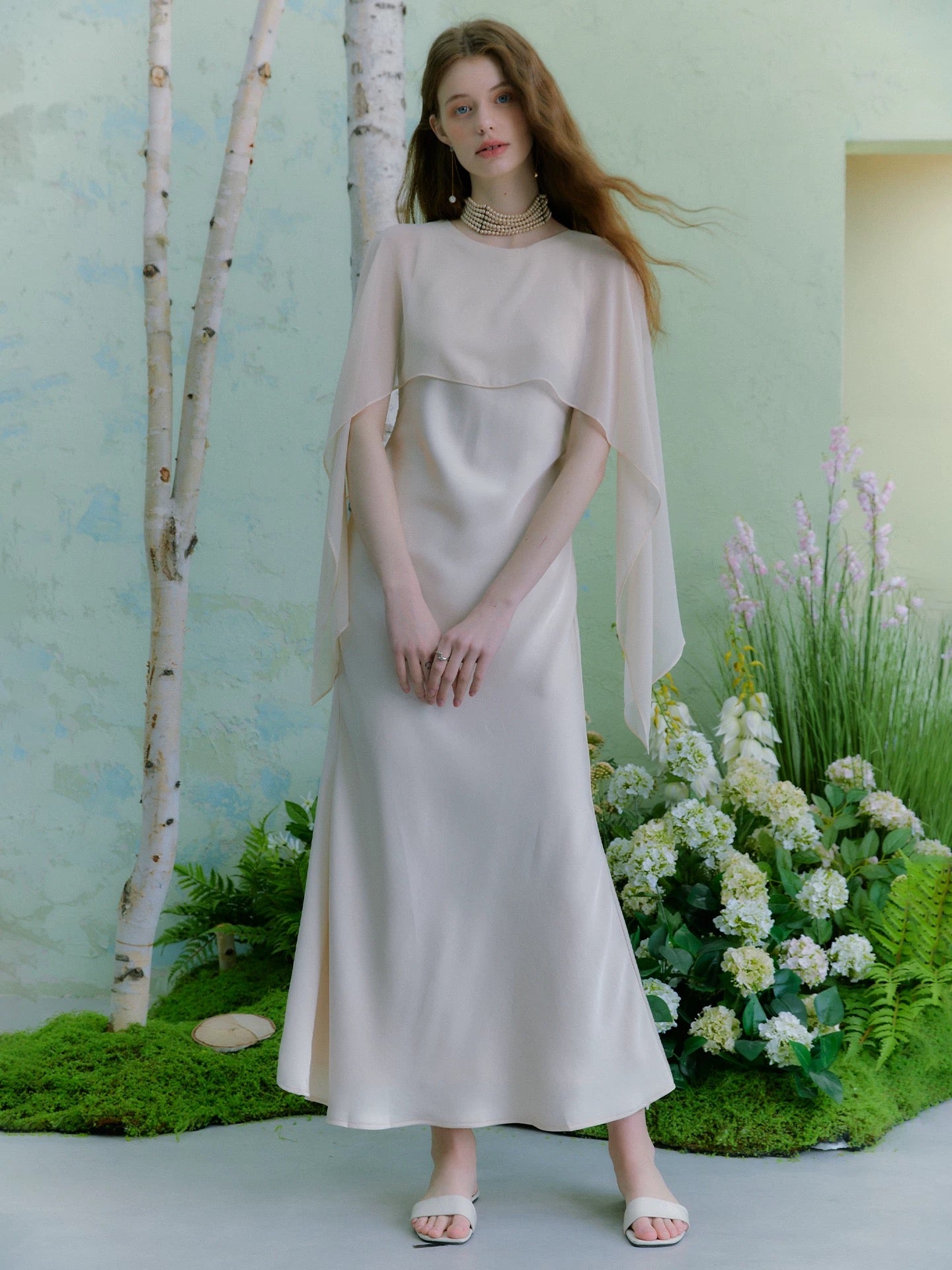 Fluid Drape Cape Maxi Dress