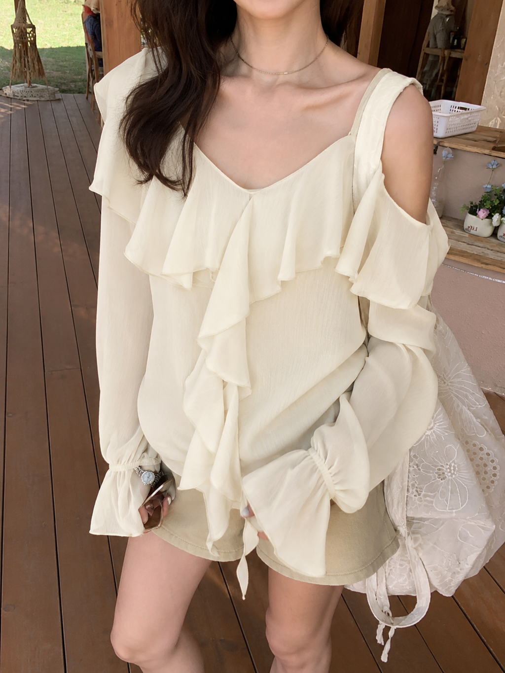 Ruffle Chiffon Off-Shoulder Blouse