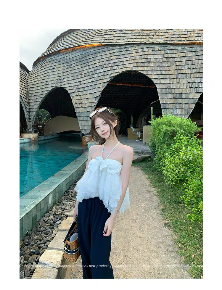 蜇光古匣/Lace Layer Ribbon Halter Top