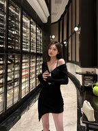 Noir Off-Shoulder Asymmetrical Mini Dress - detail view