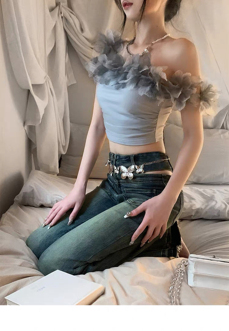 Celeste Floral Off-Shoulder Top – Mist Blue