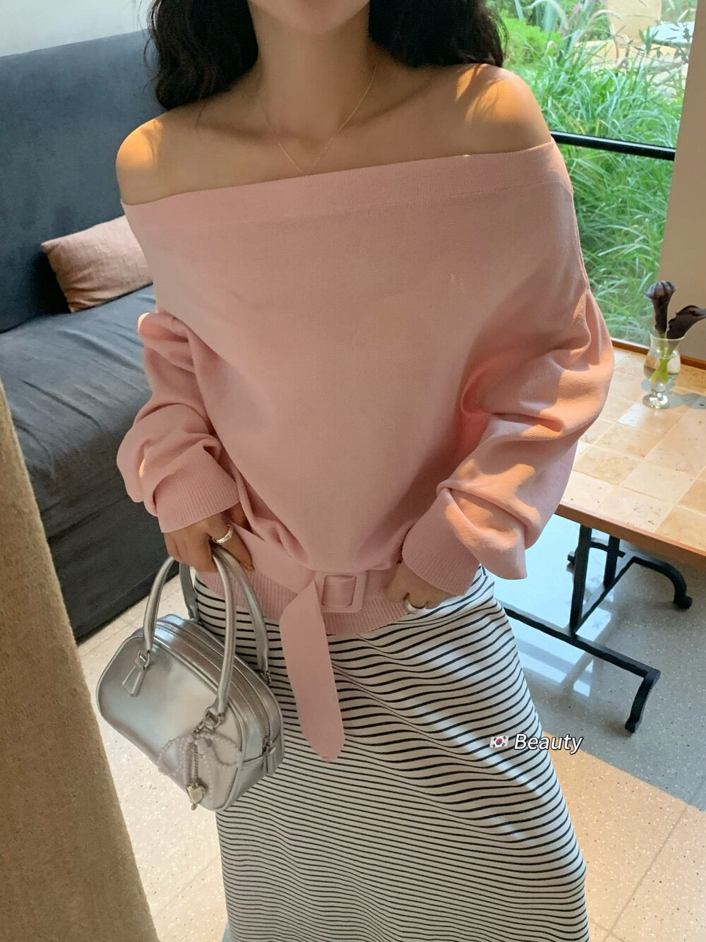 Soft Off-Shoulder Tie Knit Top
