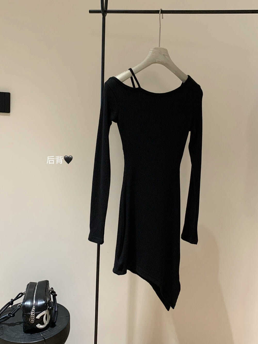 Noir Off-Shoulder Asymmetrical Mini Dress
