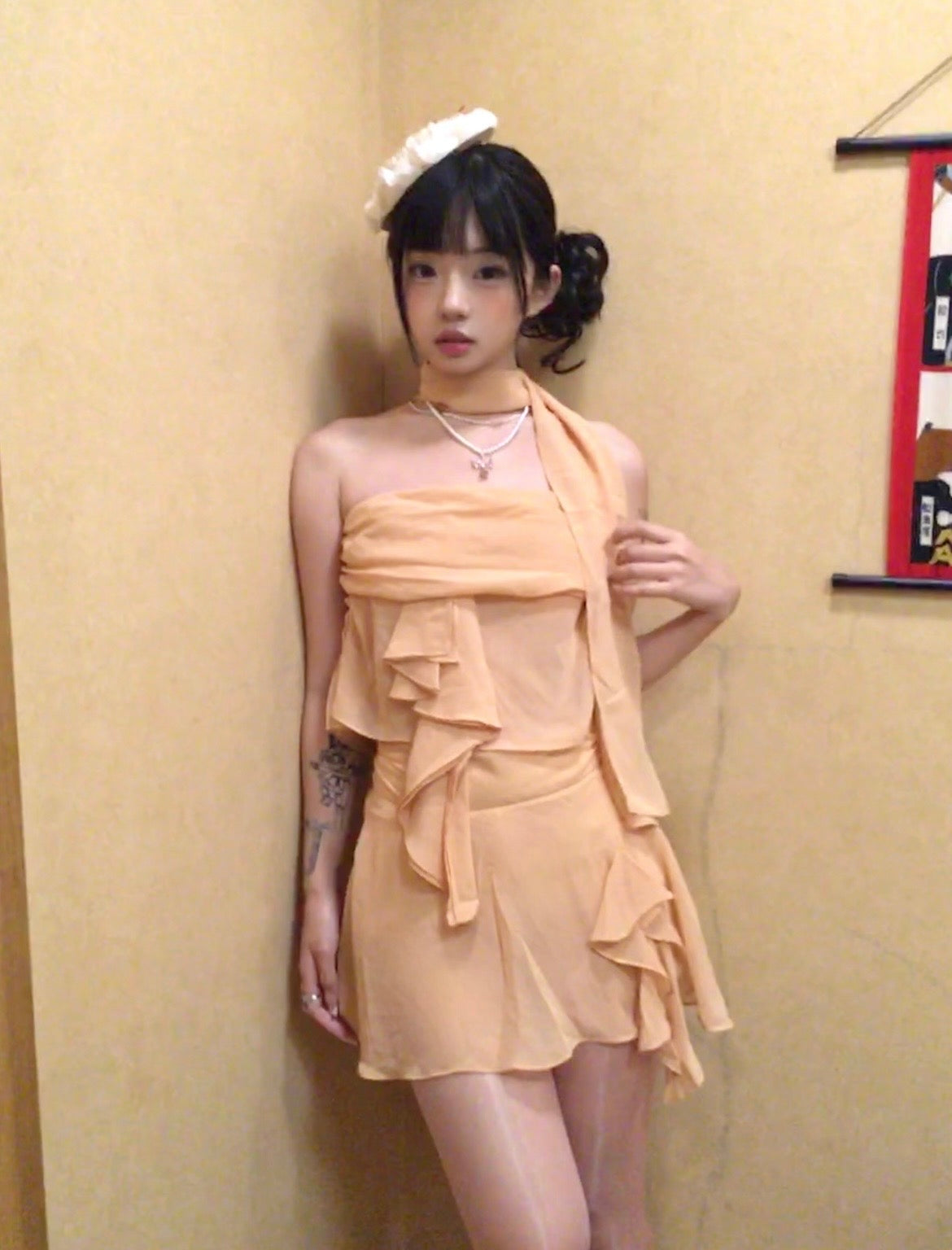 Peach Chiffon Ruffle Two-Piece Set