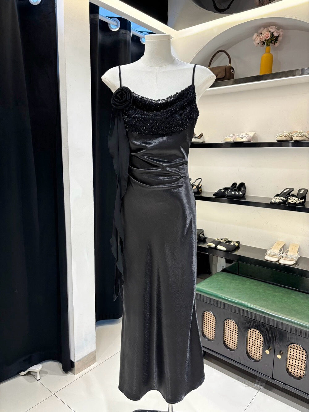 Noir & Ivory Satin Drape Dress