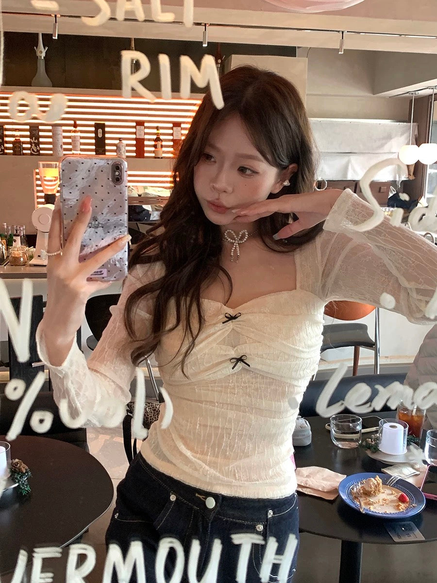 Lace Bow Ruched Long Sleeve Top
