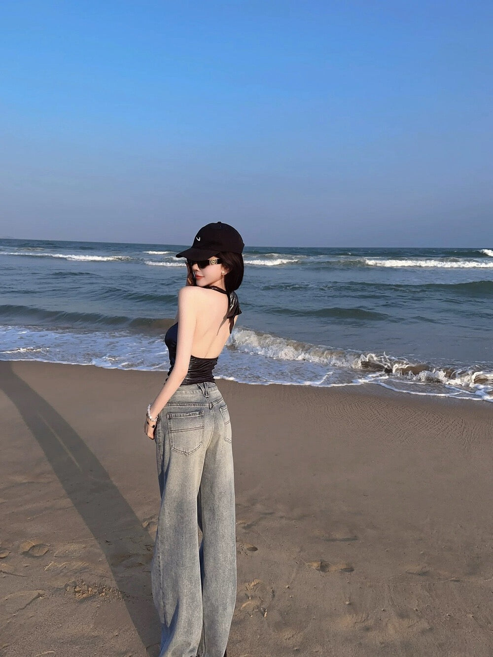 Washed Light Blue Relaxed Wide-Leg Jeans