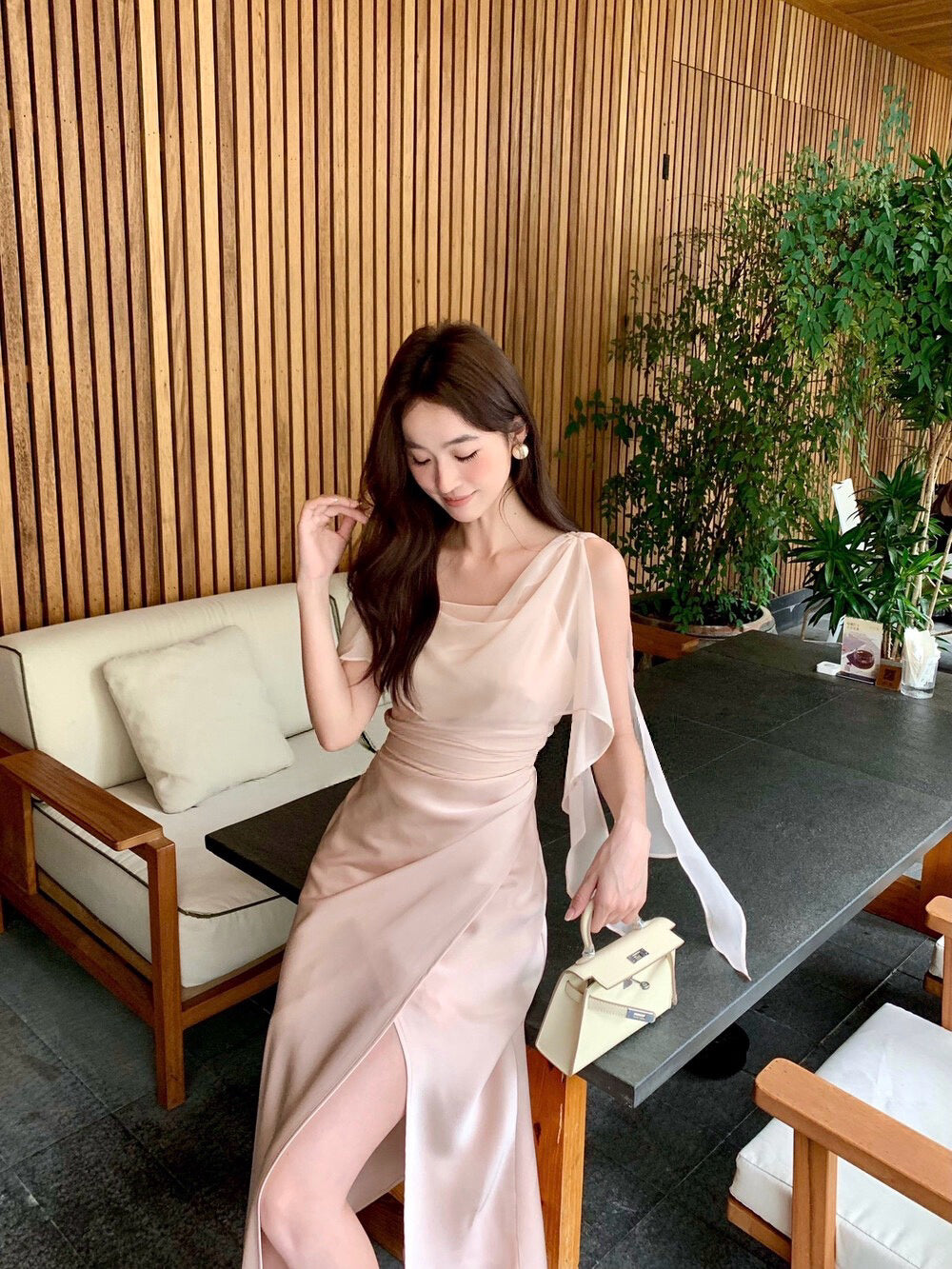 Soft Asymmetric Ruffle Midi Dress