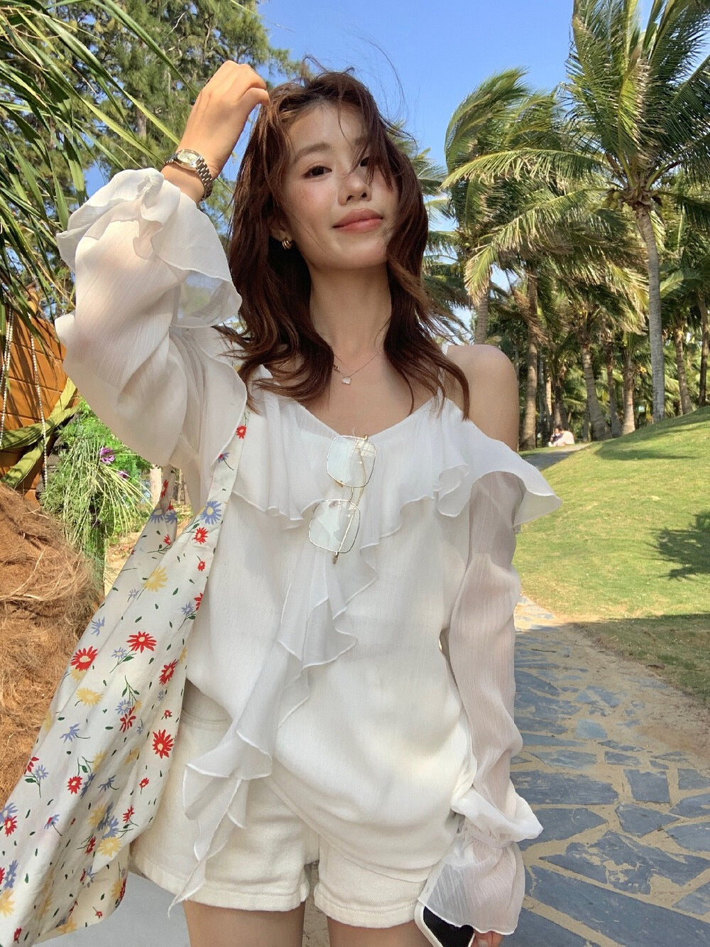Ruffle Chiffon Off-Shoulder Blouse