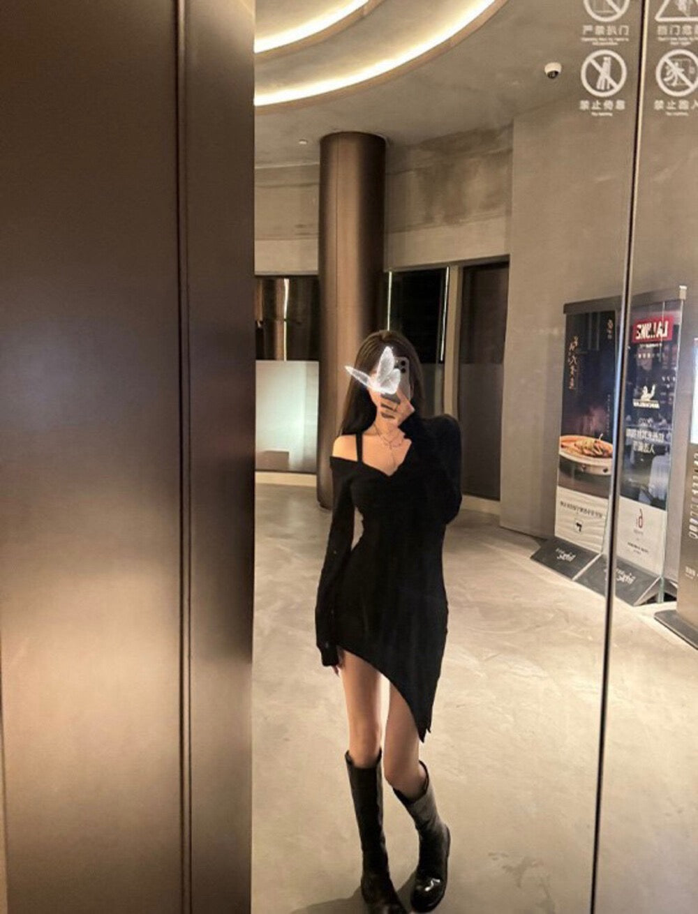Noir Off-Shoulder Asymmetrical Mini Dress