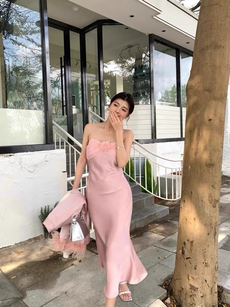 Rosette Satin Midi Dress
