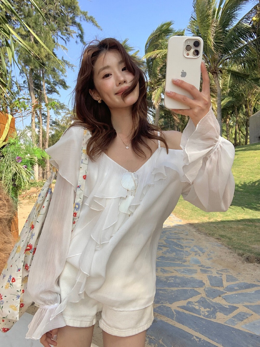 Ruffle Chiffon Off-Shoulder Blouse