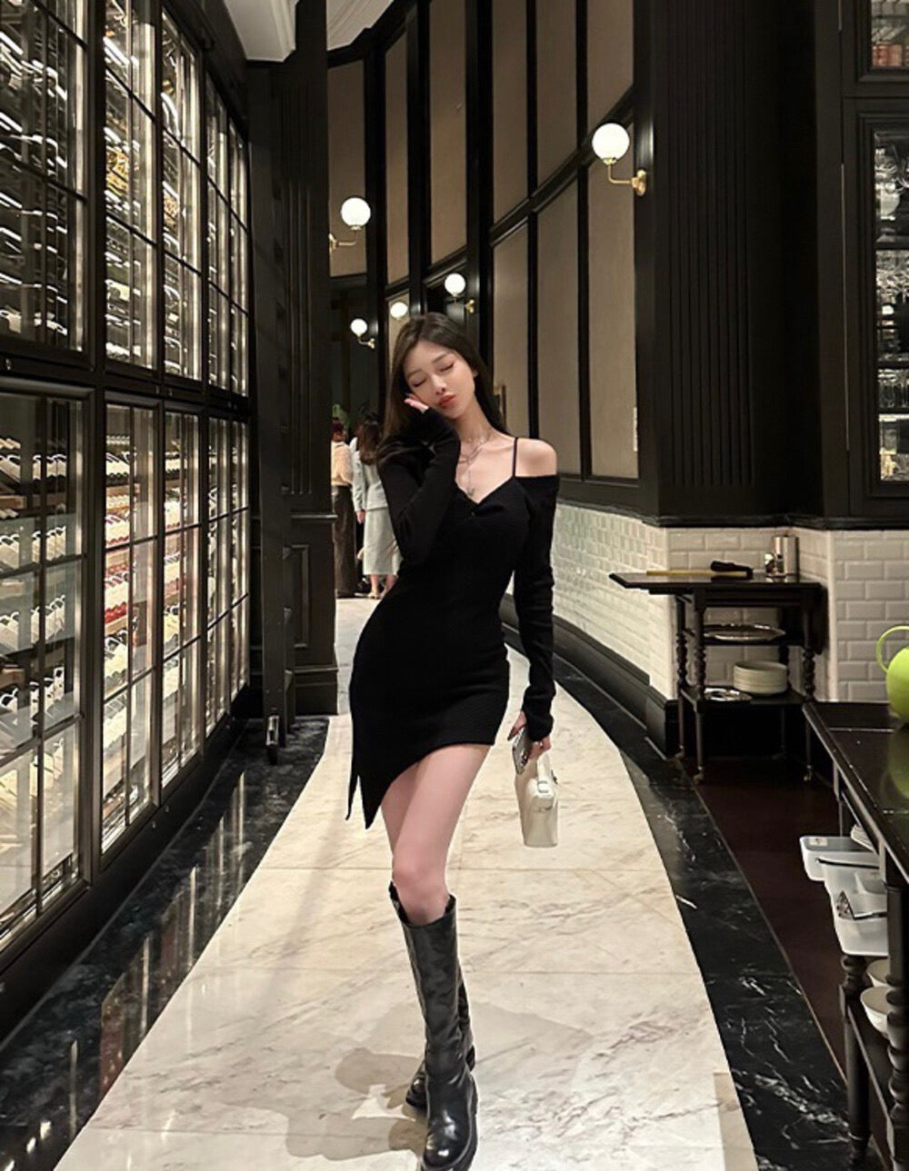 Noir Off-Shoulder Asymmetrical Mini Dress
