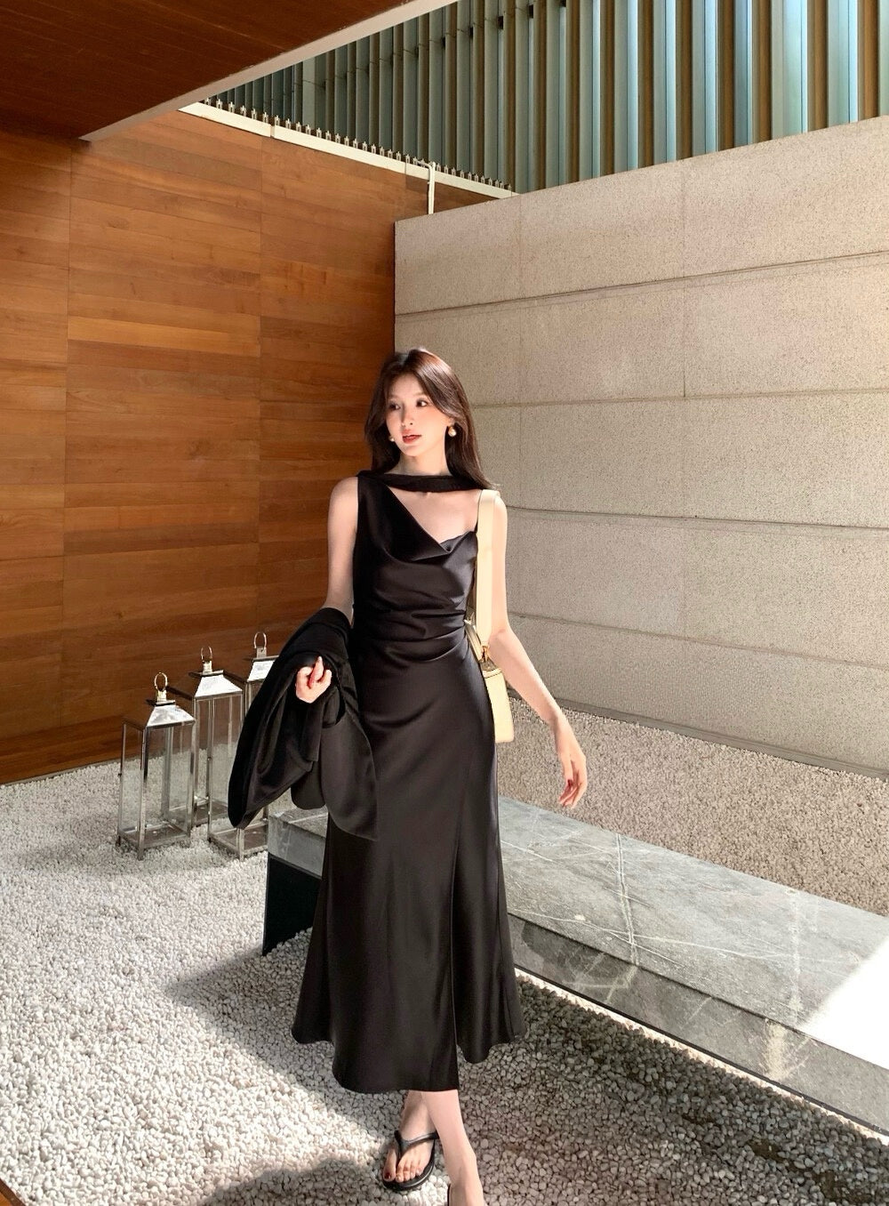 Soft Drape Slip Midi Dress with Sheer Scarf