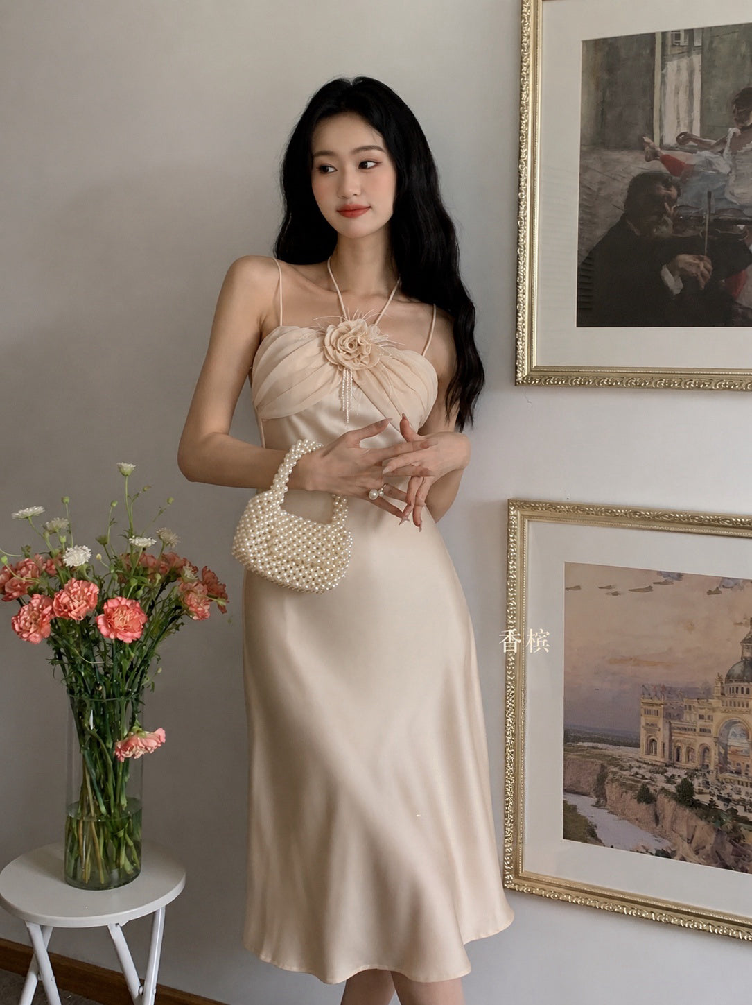 Rosette Satin Midi Dress