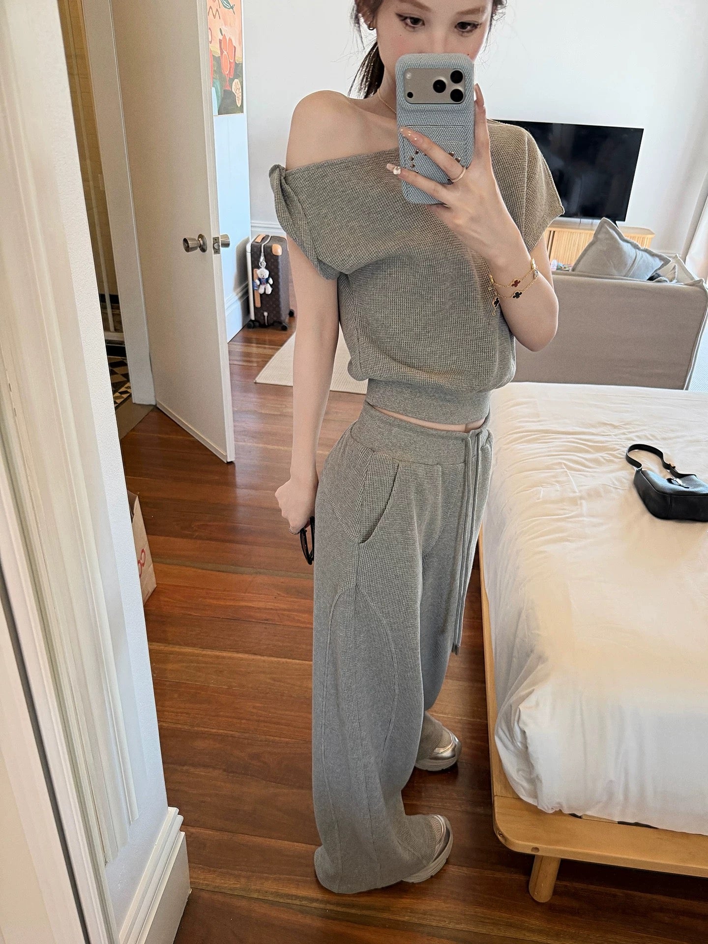 Soft Waffle Knit Wide Leg Pant