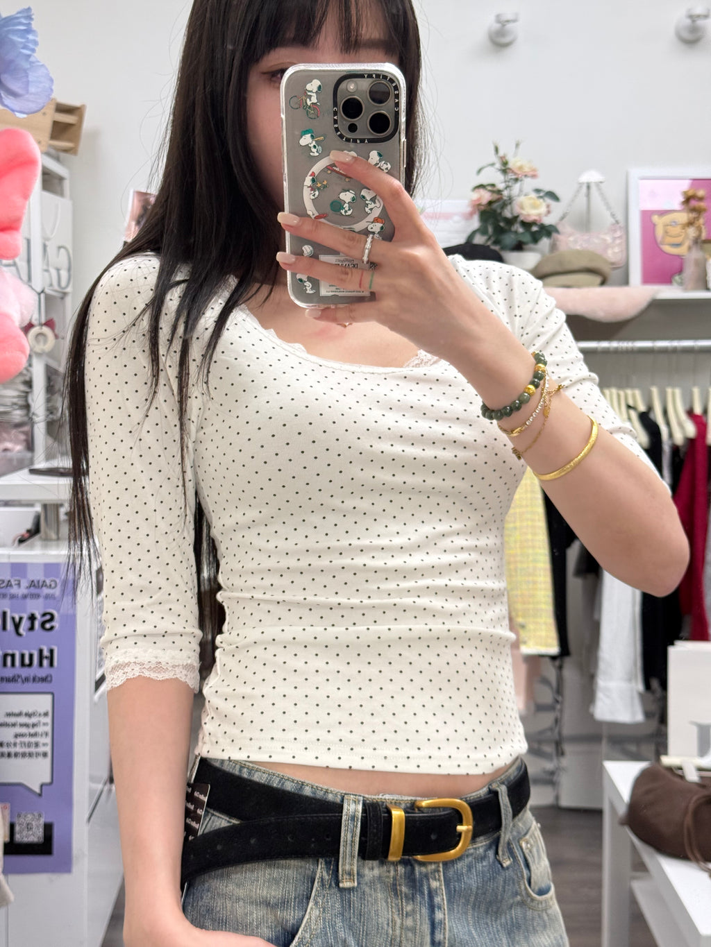 Dainty Dot Lace 3/4 Sleeve Top - styled view
