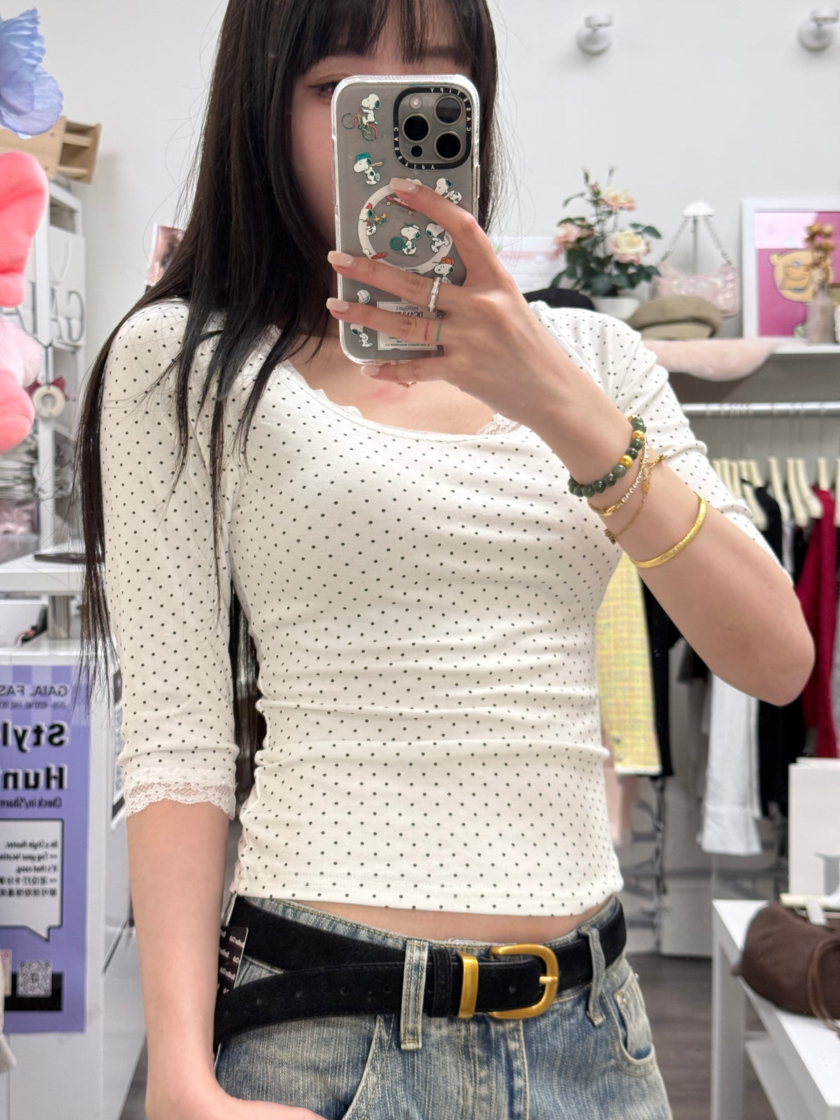 Dainty Dot Lace 3/4 Sleeve Top - styled view