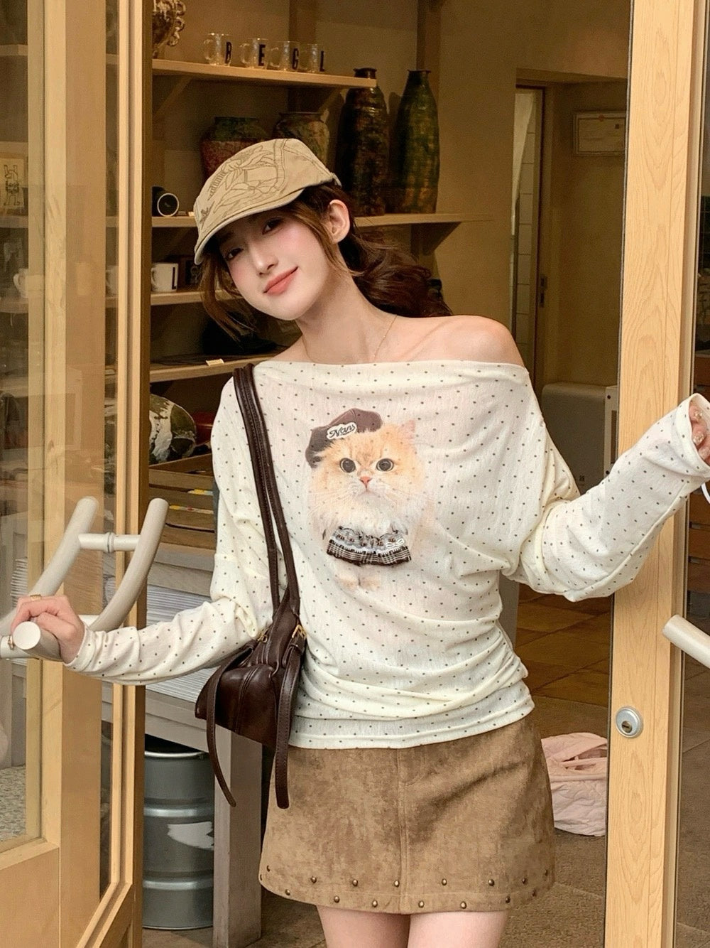 Mischief Kitty Off-Shoulder Top - detail view