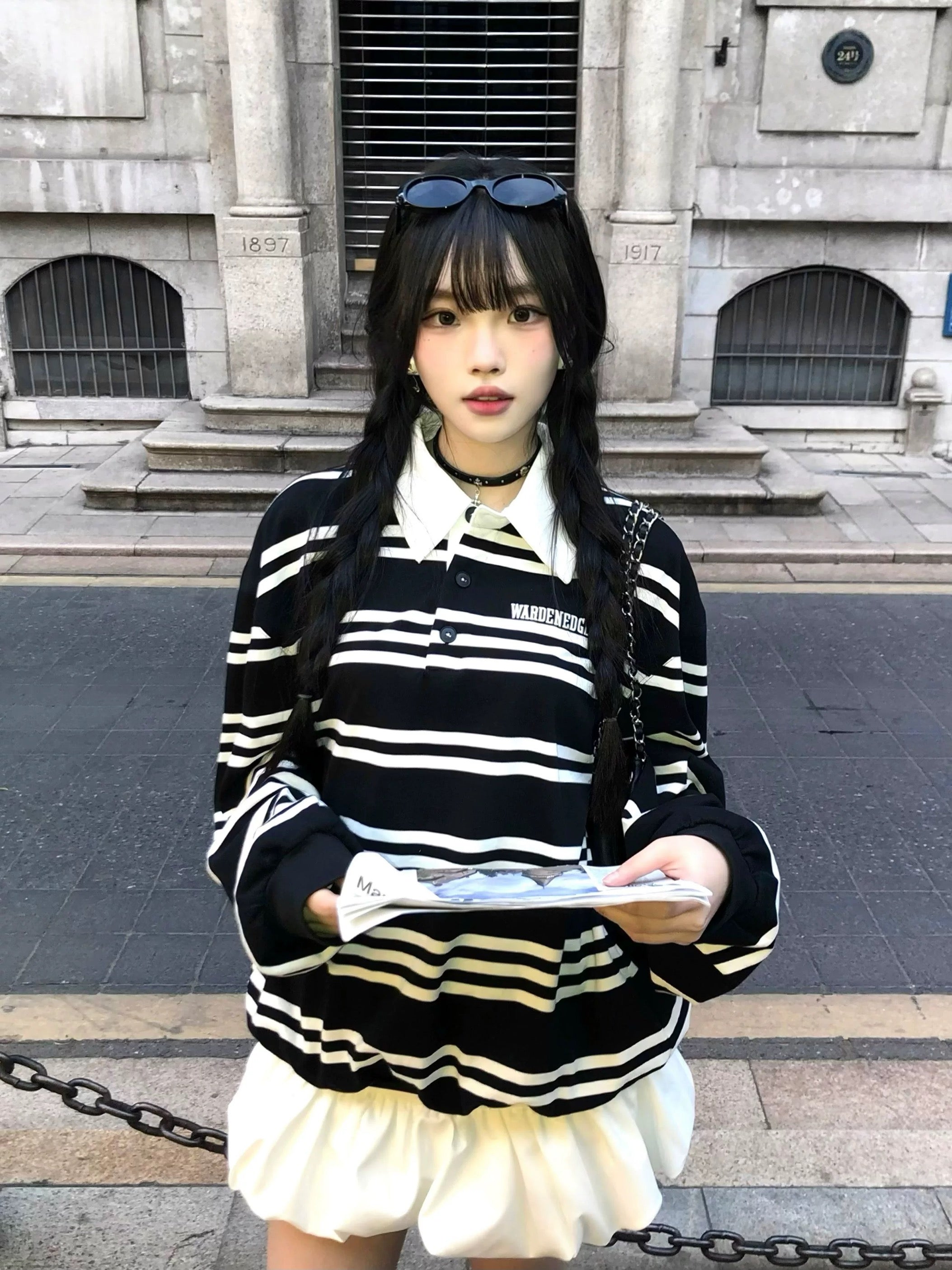 Black & White Striped Layered Polo Sweatshirt
