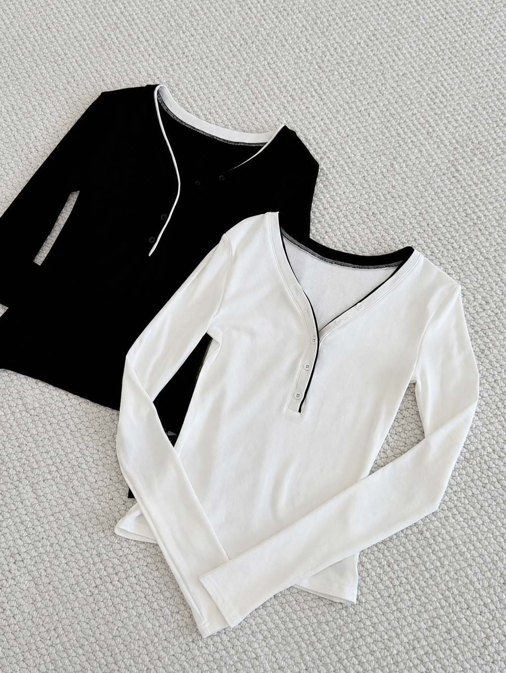 Contrast Trim Button Long Sleeve Top