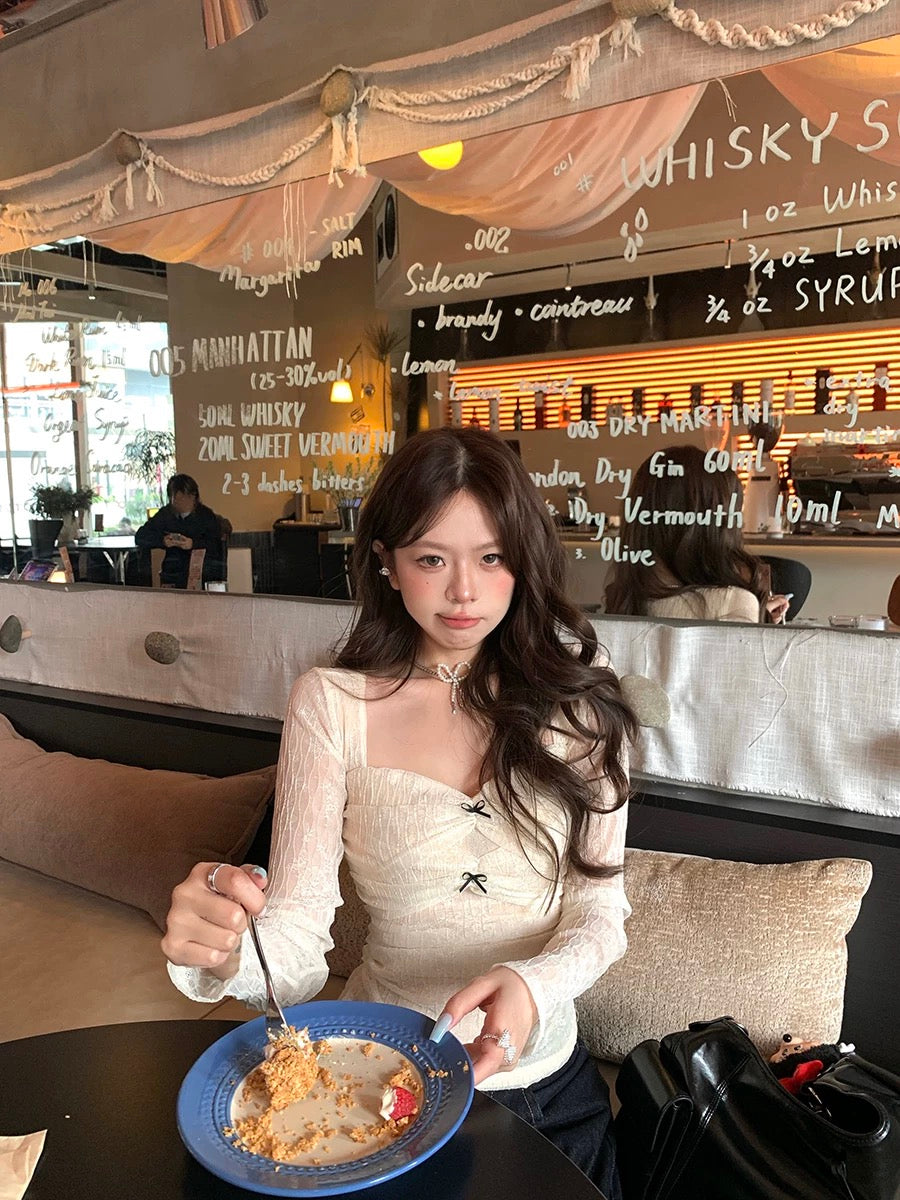 Lace Bow Ruched Long Sleeve Top