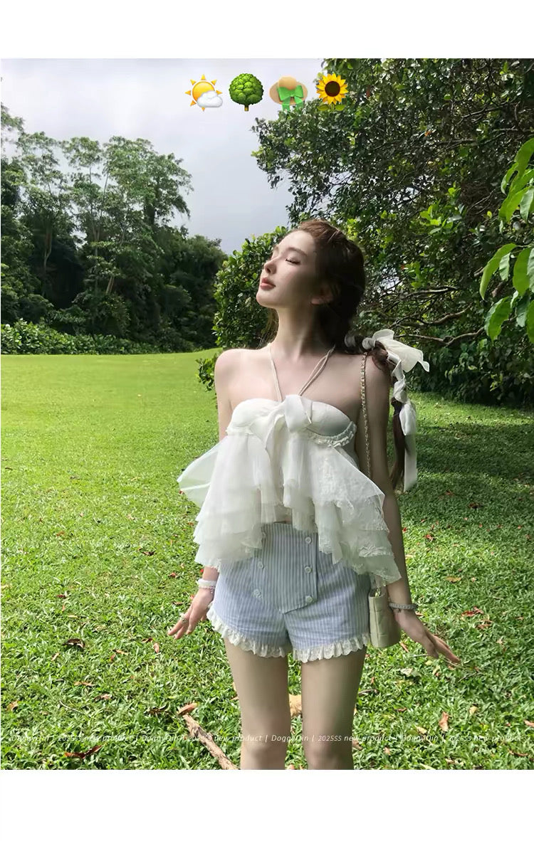 蜇光古匣/Lace Layer Ribbon Halter Top