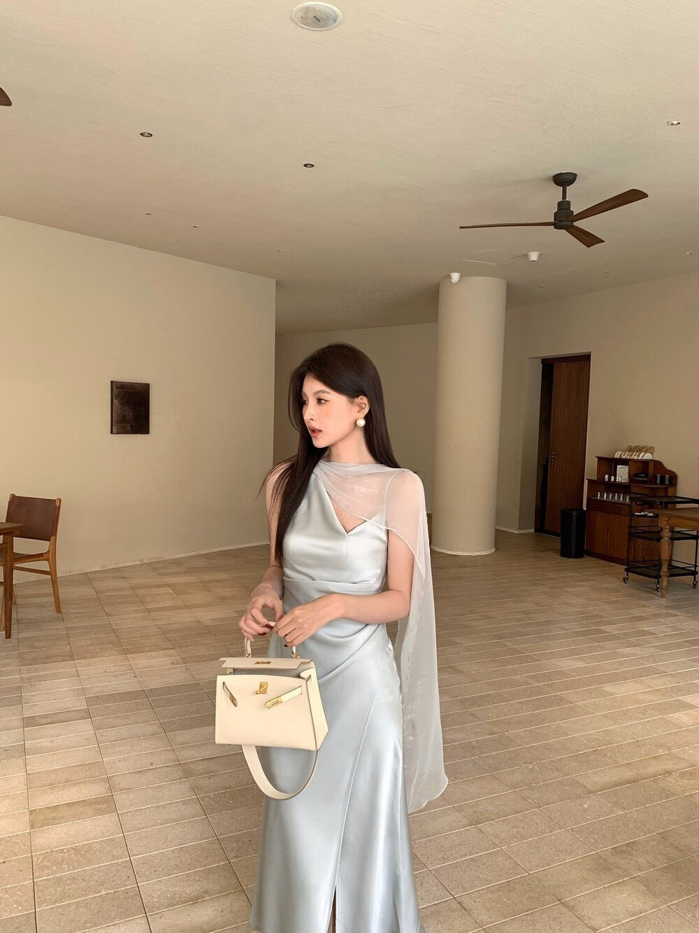 Soft Drape Slip Midi Dress with Sheer Scarf