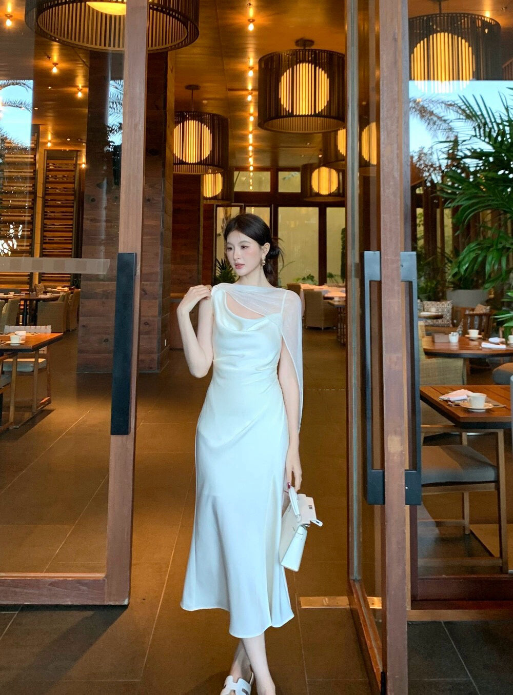 Soft Drape Slip Midi Dress with Sheer Scarf