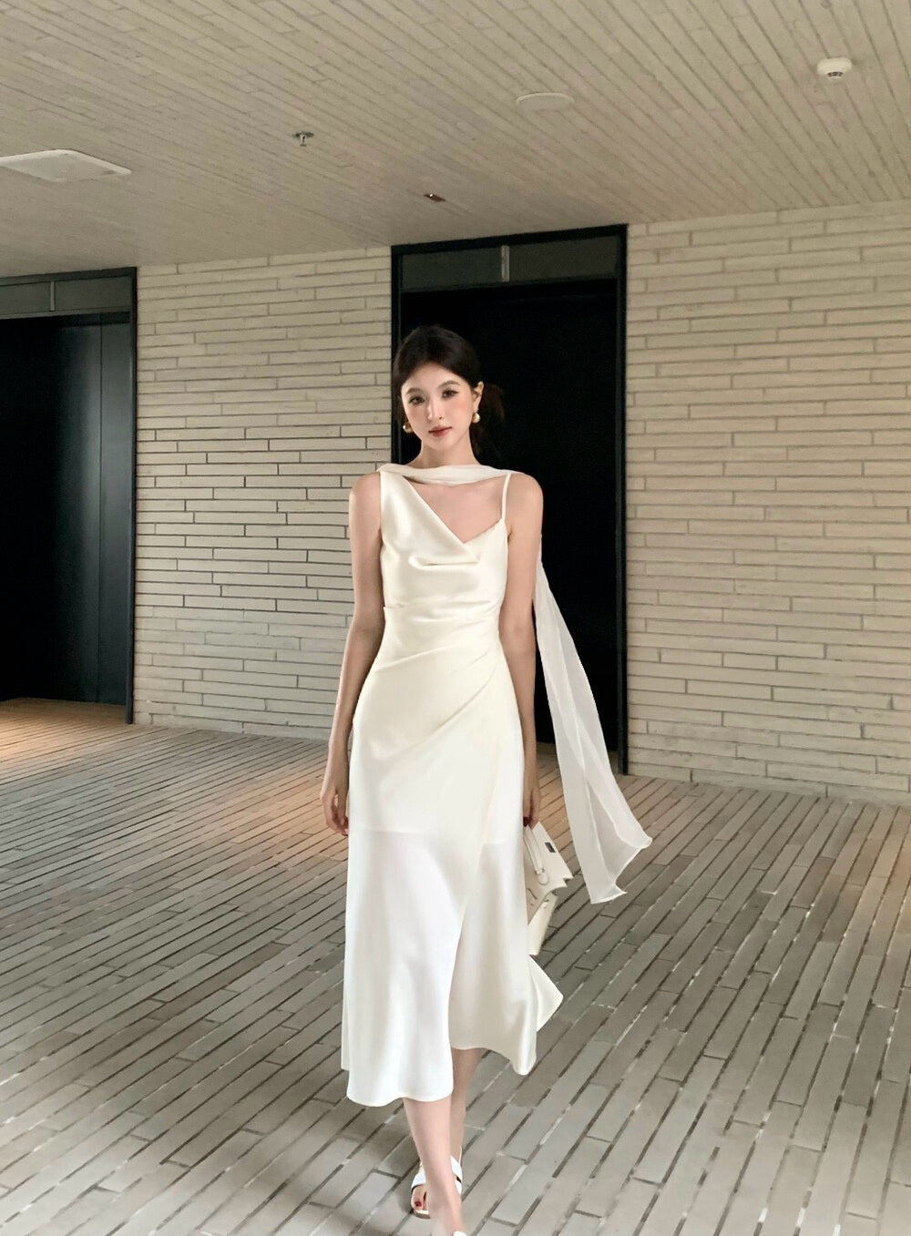 Soft Drape Slip Midi Dress with Sheer Scarf