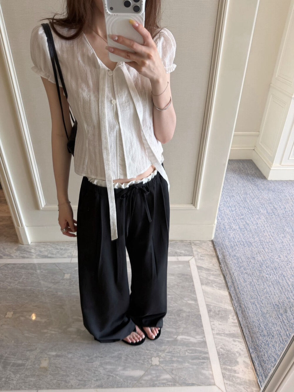 Ribbon Tie Puff Sleeve Lace Blouse