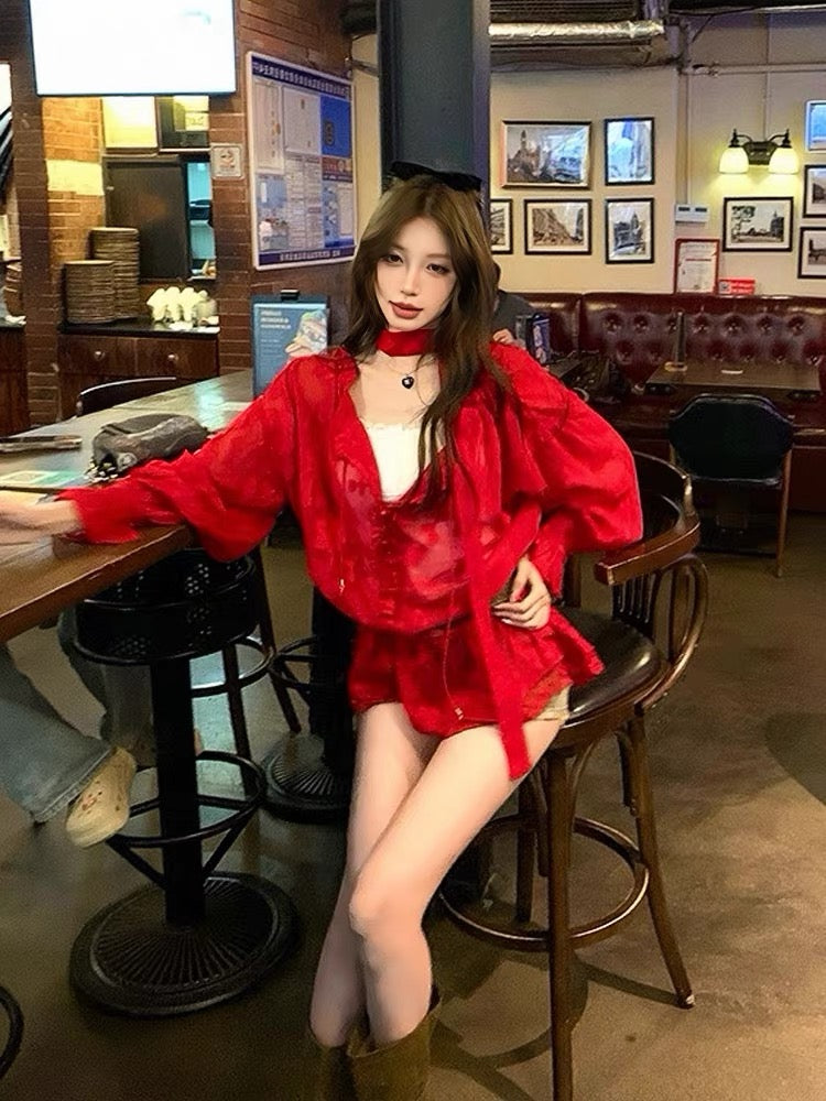 Scarlet Sheer Floral Chiffon Blouse (belt not included)