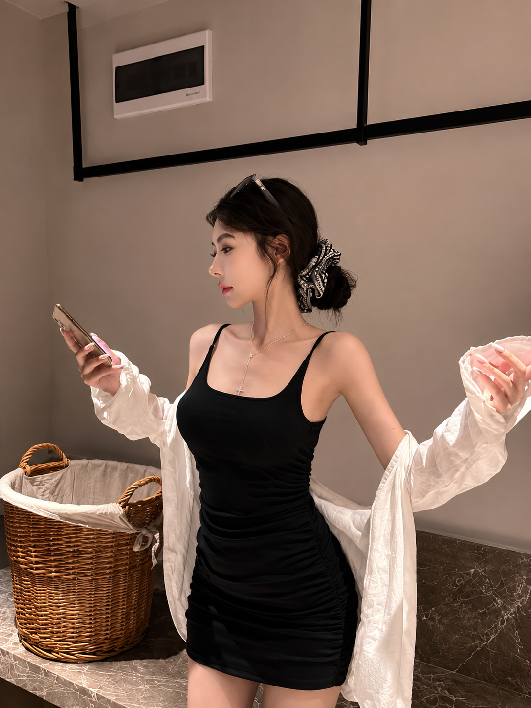 5cm韩模杯/Ruched Spaghetti Strap Mini Dress (Build in Bra)