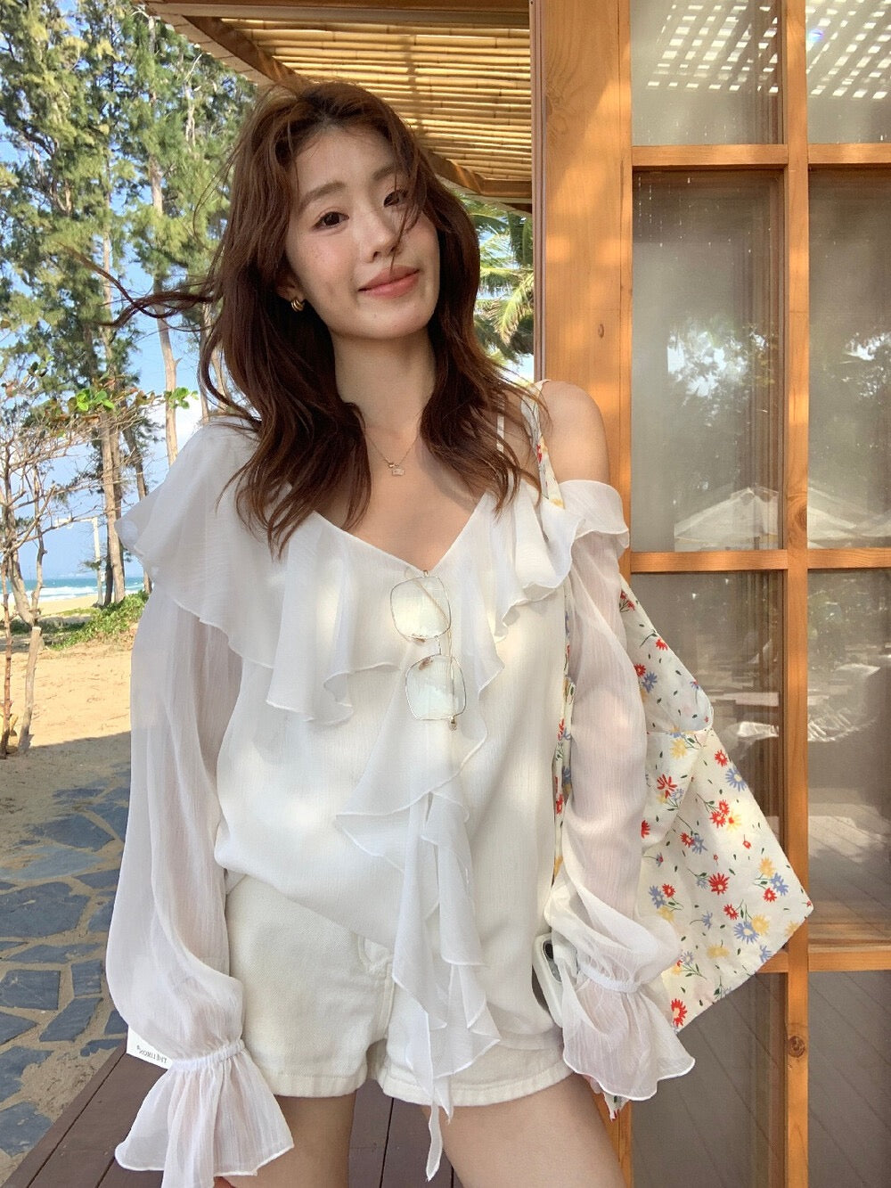 Ruffle Chiffon Off-Shoulder Blouse