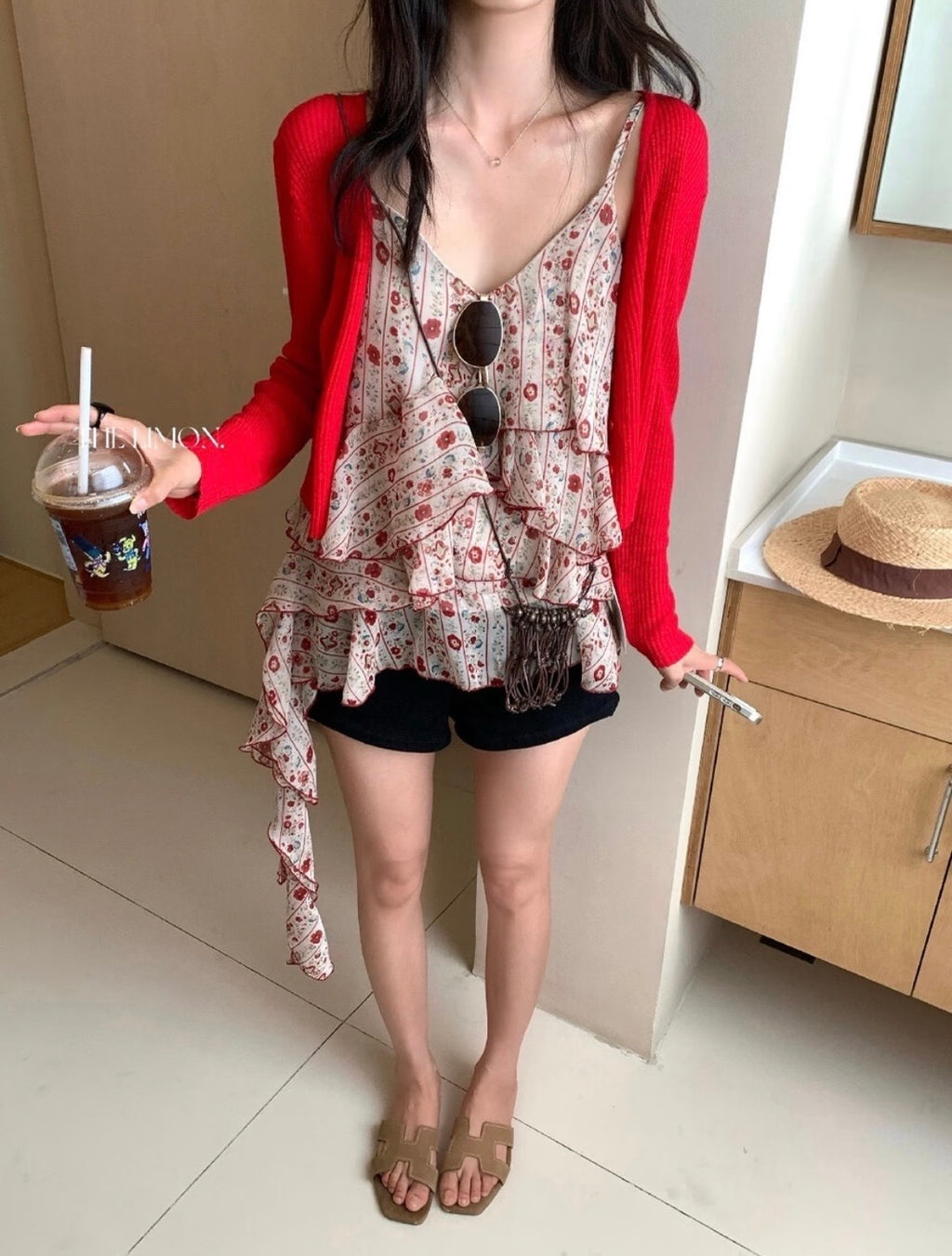 莓果奶冻/Floral Ruffle Cami & Knit Cardigan Set