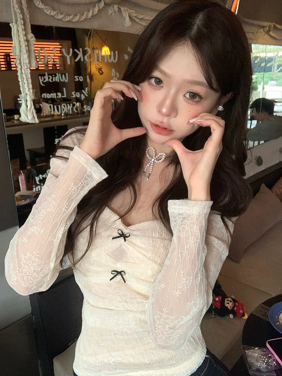 Lace Bow Ruched Long Sleeve Top