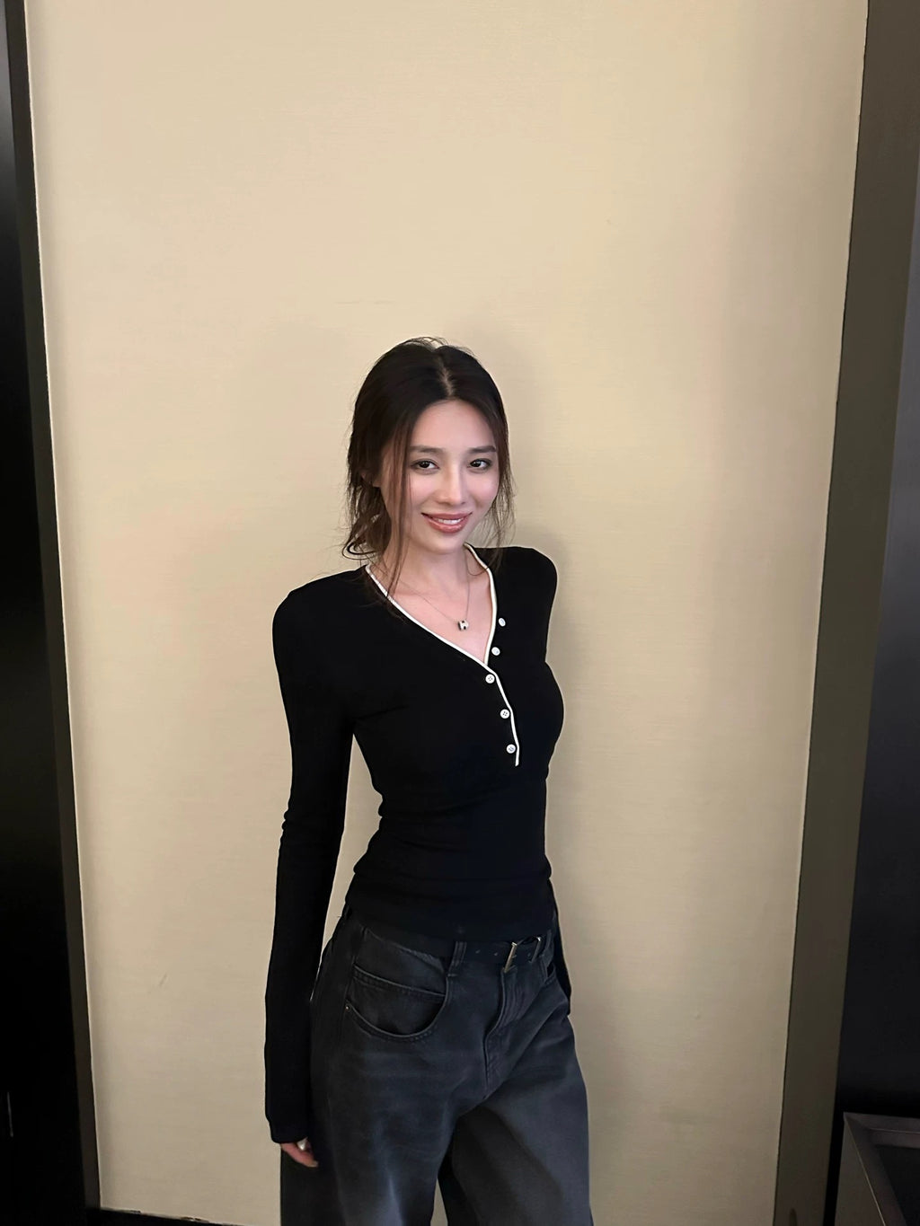 Contrast Trim Button Long Sleeve Top